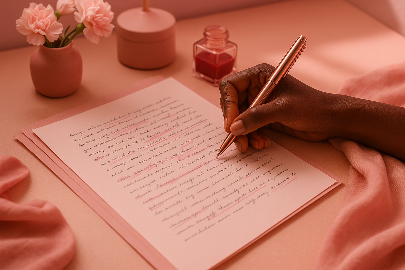 an african hand editing a manuscript, include pink and feminine colours